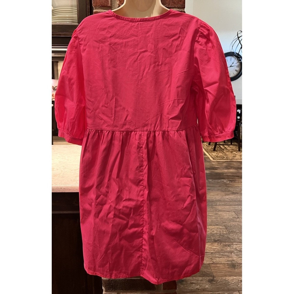 Pink Cotton Babydoll Mini Dress Puff Sleeves Tie Front Sz M Y2K - Picture 3 of 6